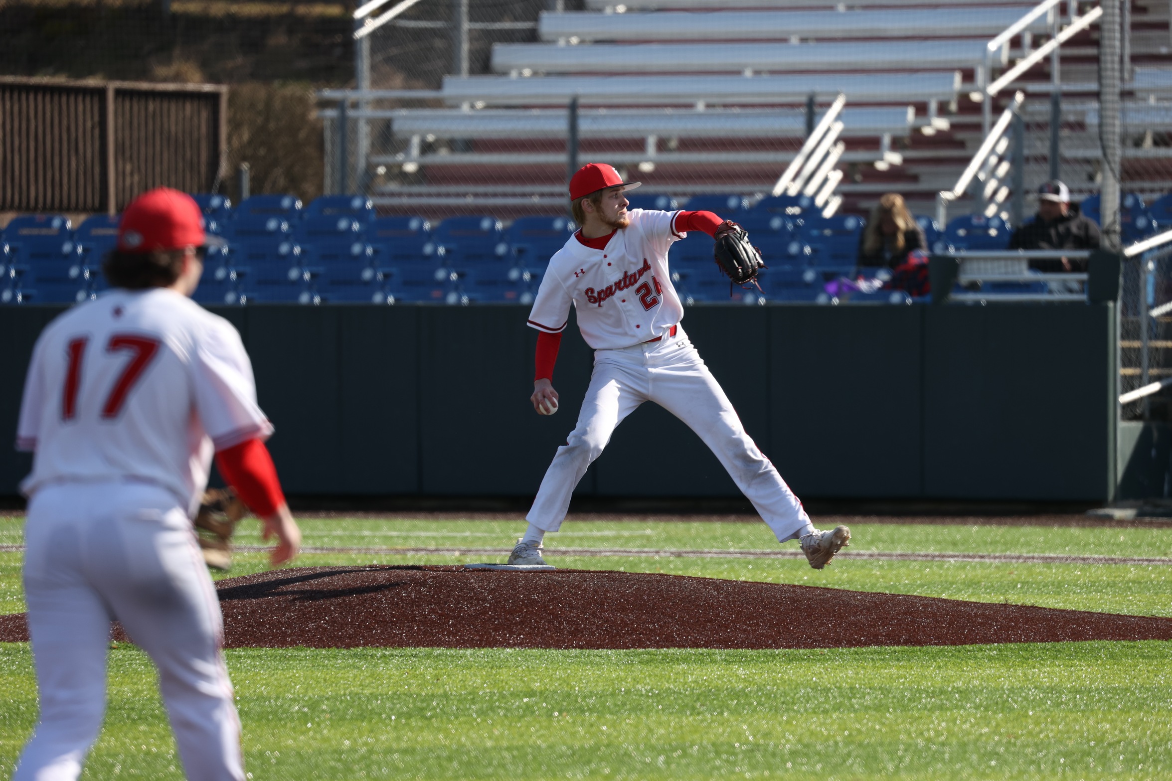 Austin Miller threw six shutout innings to earn the win against SUNY Adirondack on Saturday.