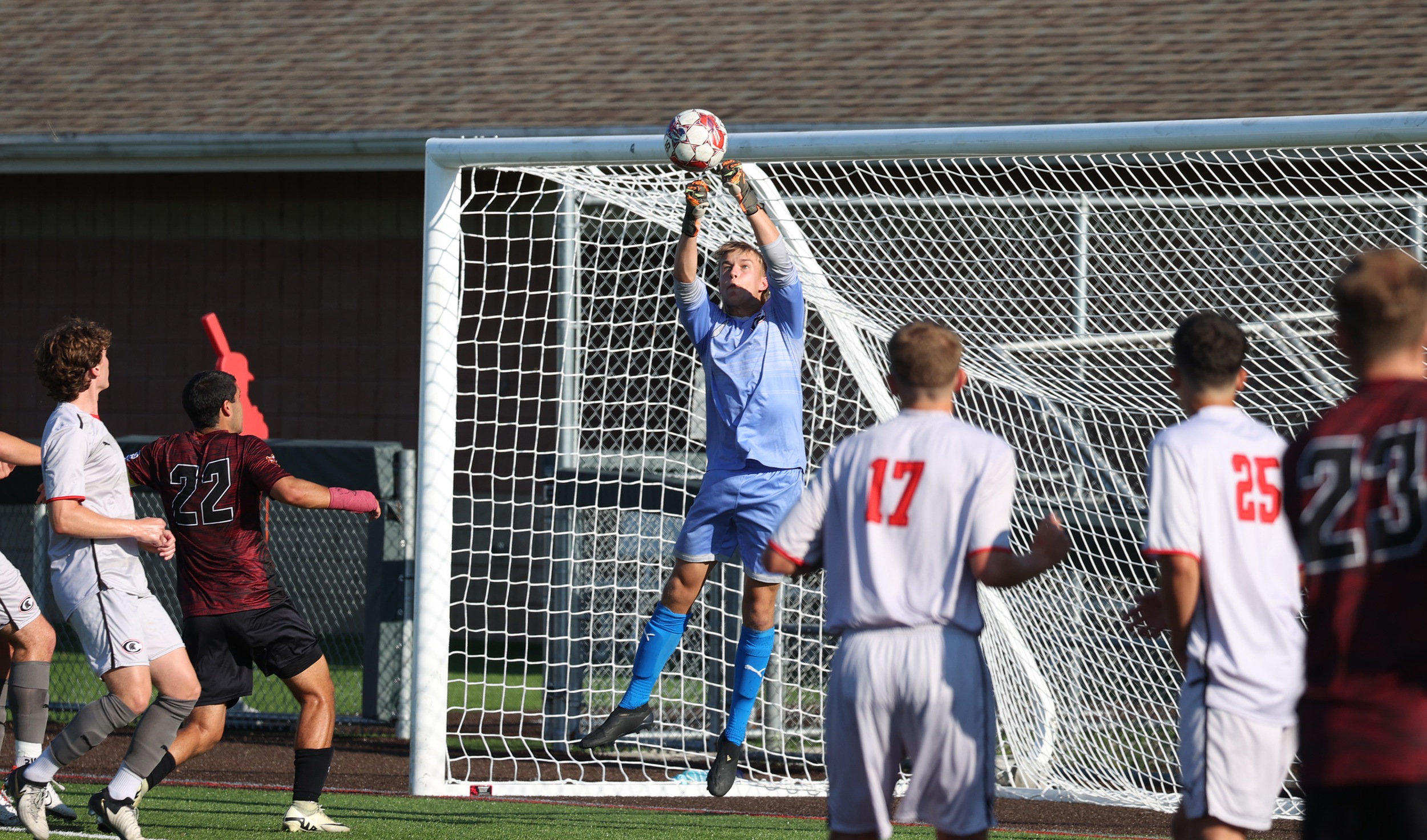 Cayuga keeper Major Evans had four saves in Thursday's win over Mohawk Valley CC.