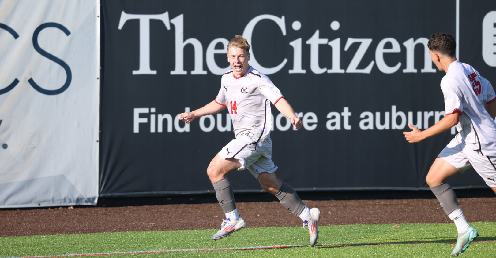 Reece Harper celebrates after scoring his first of two goals in a 3-0 Cayuga win over Jefferson CC on Wednesday.